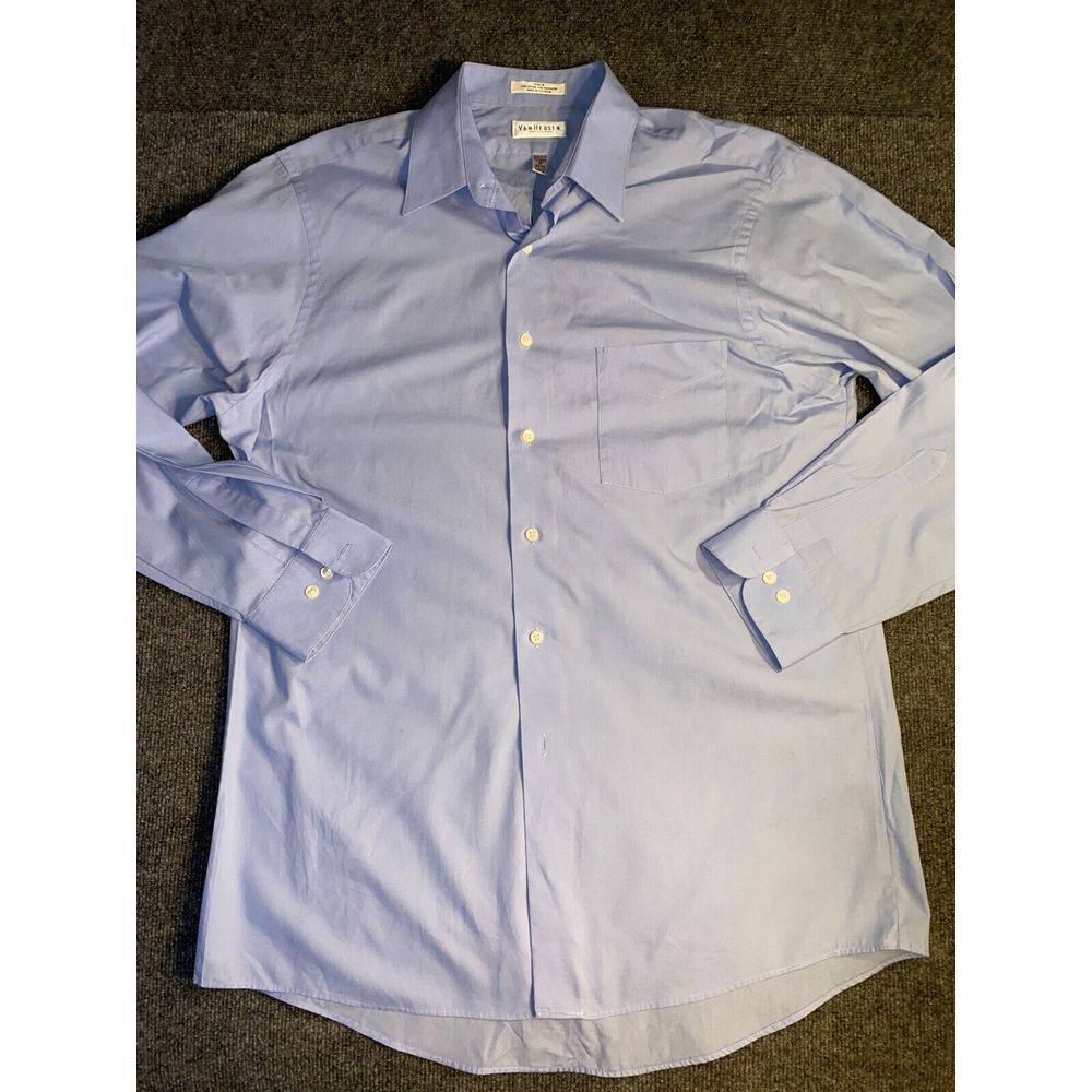 Van Heusen Dress Shirt Men's L Blue Poplin Regular Fit Wrinkle Free Button Down